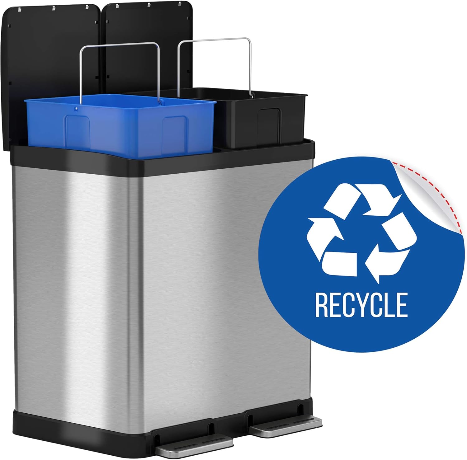 iTouchless 16 Gallon Dual Step Trash Can & Recycle Bin Stainless Steel 2 x 8 Gallon (30L) Removable Buckets with Handles, Soft-Close and Airtight &ndash; Recycle Decal Included, Silver 16 Gal (Renewed)