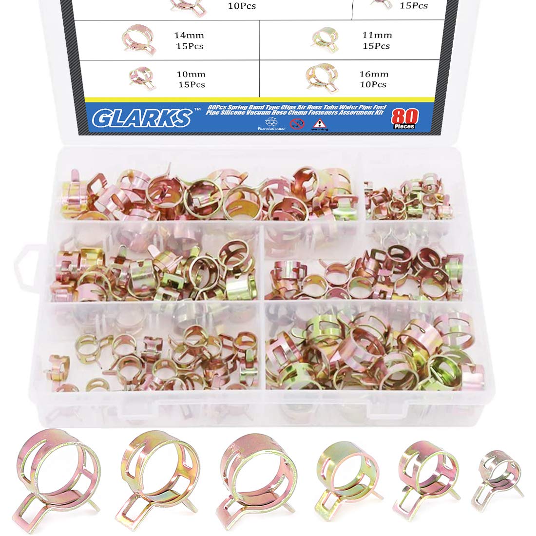 Glarks 80Pcs Spring Band Type Clips Air Hose Tube Water Pipe Fuel Pipe Silicone Vacuum Hose Clamp Fasteners Assortment Kit (7mm 10mm 11mm 14mm 16mm 17mm)