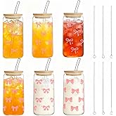 Aucscott Pink Bow Glass Cups with Lids and Straws, 6 Pcs 16 OZ Coquette Bow Aesthetic Glass Reusable Iced Coffee Cup Smoothie Tumbler for Girls Women Sister