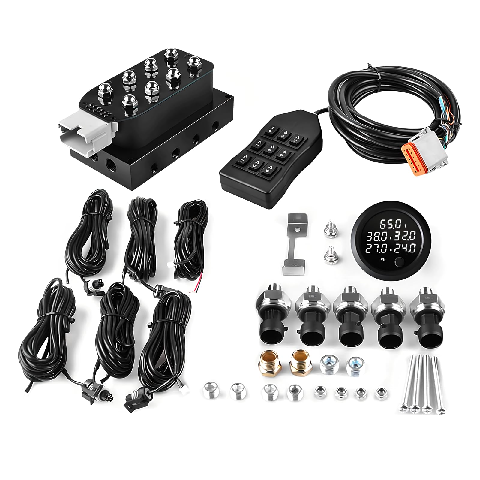 Photo 1 of 12V Solenoid Valve Air Ride Suspension manifold 8-Valve With 5M 9-switch Wired Remote Controller, equipped with five display air pressure gauge white