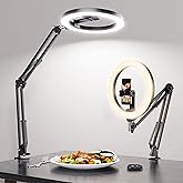Overhead Phone Mount with Ring Light Phone Holder,10" LED Ring Light for Desk with Stand and Remote for iPhone,Phone Tripod with Light for Video Recording TikTok Live Stream Cooking Kitchen Vlogging
