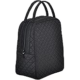 Large Quilted Fabric Cotton Reusable Inusulated Lunch Tote Bag Cooler Snack Bag Women Pretty Thermal Lunch box Storage Gift Bag for Work & Outdoor (Black)