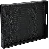 HofferRuffer Rectangle Serving Tray with Hole Handles for Coffee Table, Breakfast, Tea, Food, Butler - Countertop, Kitchen, Vanity Serve Tray, 16.2 x 12.2 x 2 inches, Faux Leather (Black Croco)
