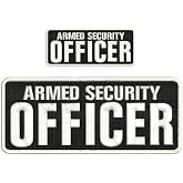 Armed Security Officer Embroidered Patch Set &ndash; 4x10 inch &amp; 2x5 inch &ndash; White Text on Black Background &ndash; Hook Backing for Uniforms, Tactical Gear, Jackets, Backpacks