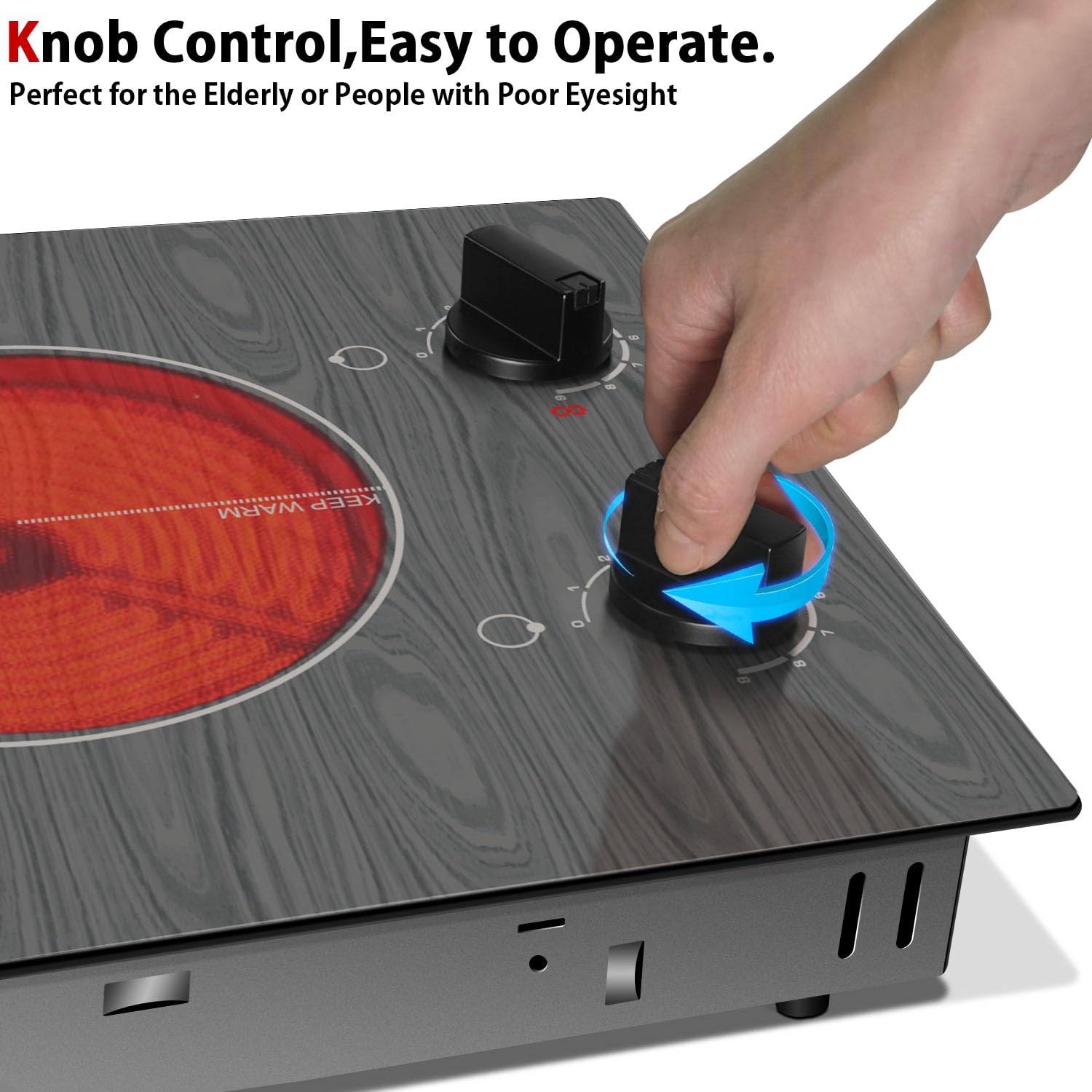 Karinear Electric Cooktop 2 Burners, 110v Portable Electri Stove Top with Knob, Glass Cooktop, Beautiful Woodgrain Pattern, Built-in and Countertop Electric Ceramic Cooktops, 12 Inch, 110v Outlet Plug