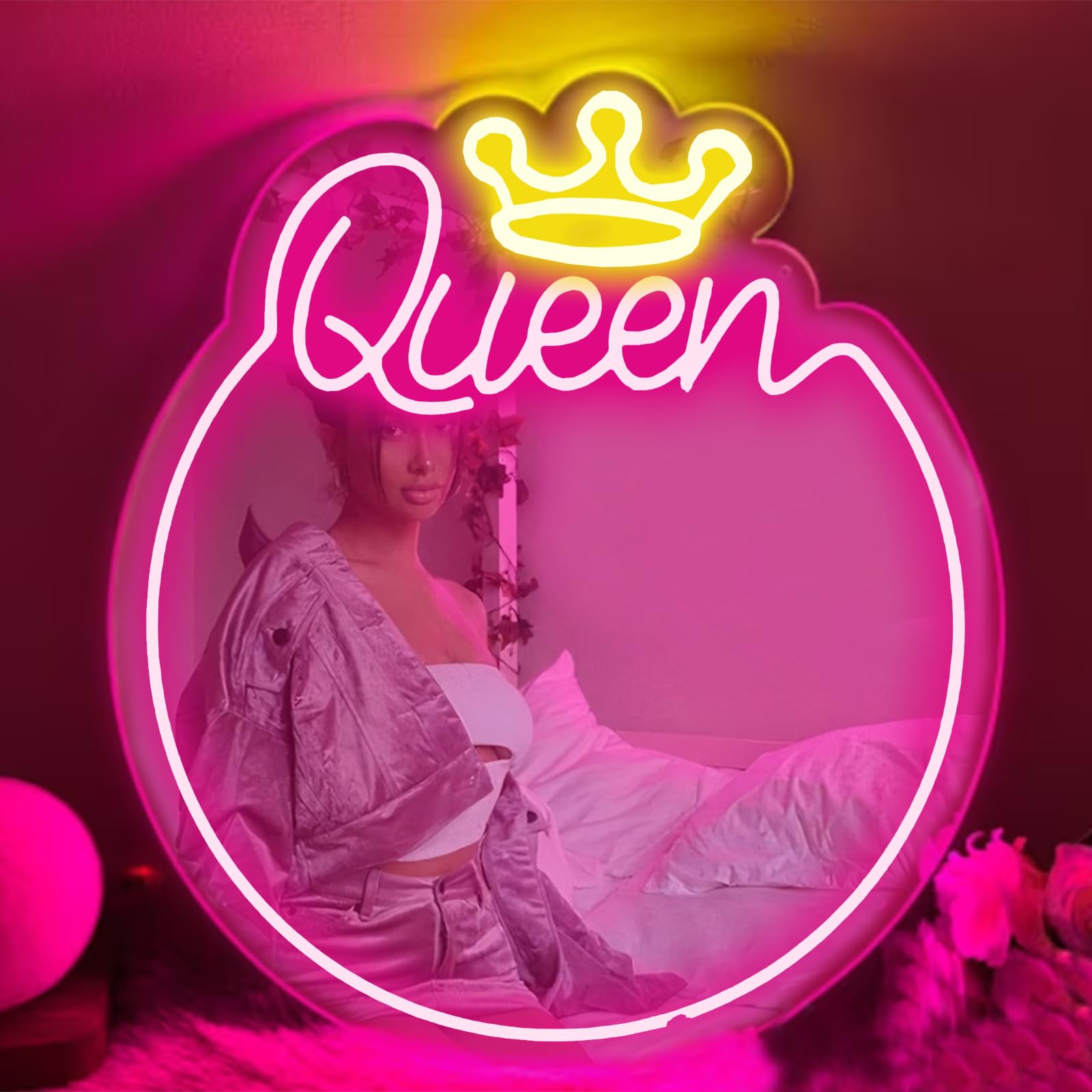 DAKABUKA Queen Neon Sign Crown Mirror Neon Light Pink LED Mirror Sign for Bedroom Beauty Salon Living Room Dressing Table Lighting Wall Decor with Switch(41x46cm)