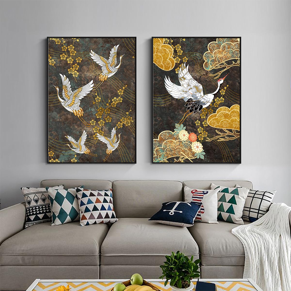 Japanese Crane Print Wall Art, Modern Canvas Print for Living Room, Painting Without Frame (A, 30 x 40 cm x 2)
