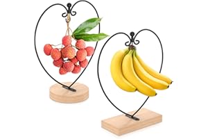 2Pcs Banana Holder Stand, Metal Banana Hook Hanger, Stainless Steel Banana Rack for Kitchen Counter, Wooden Base Ornament Dis