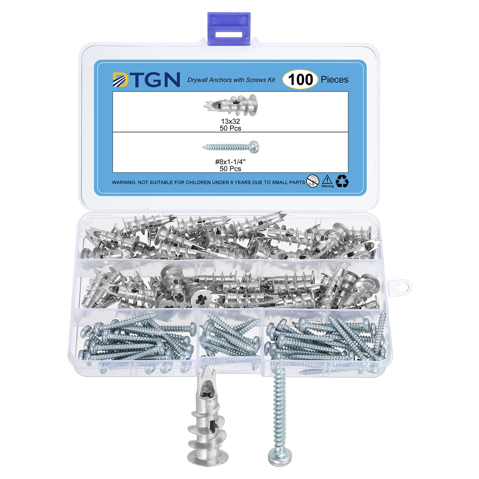 DTGN 1/2"x1-1/4" Self-Drilling Drywall Anchors with Screws Kit - 50 Set - Good for Concrete Tile Cement - Zinc Alloy Hollow Wall Anchors Kit with Screws