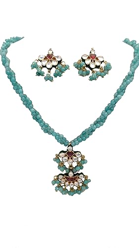 Designer Real Look Handcrafted Bikaneri Jadau Kundan Pendant with Earrings in Semi Precious Gemstones Neckline for Women and Girls - (Blue)