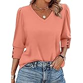 XIEERDUO Womens 3/4 Sleeve Tops with Buttons V-Neck Summer Outfits Casual Blouses Shirts Beach Vacation Fall Clothes 2025