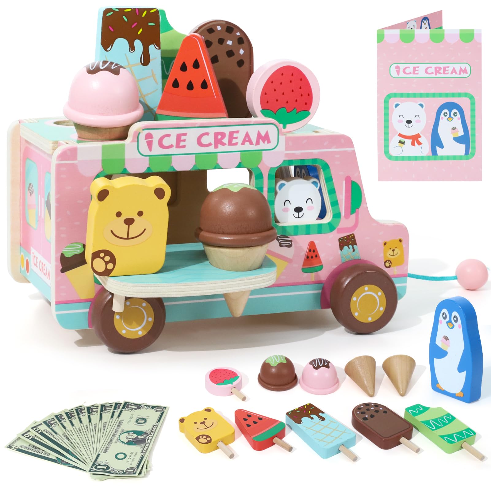 XIAPIA Wooden Ice Cream Toys for Kids, Wooden Ice Creams Cart Car Role Play Toys, Ice Cream Shop Play Food Set for Children Kitchen for 3 4 5 Year Old Girls Boys Gifts