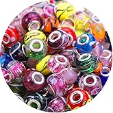 AIPRIDY 50Pcs 15x11mm Murano Large Hole Glass Beads with Silver Brass Cores European Beads for Jewelry Making (Mixed Flower and Color)