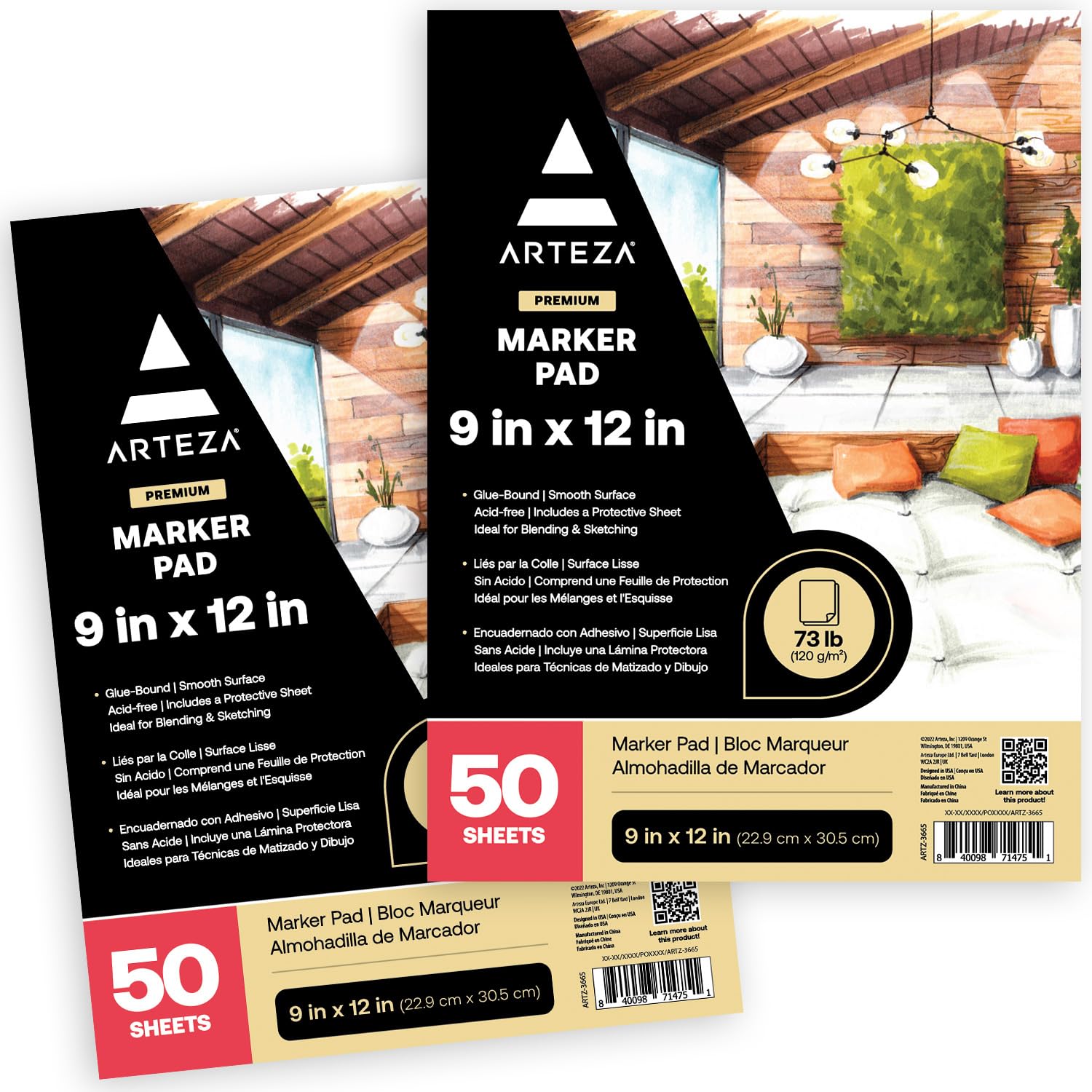 Arteza Marker Paper Pad, Pack of 2, 22.9 x 30.5 cm, 50 Sheets, Glue-Bound, Smooth Coated 120-gsm Marker Paper for Pigment & Alcohol Markers, for Drawing, Sketching, Colouring, and Lettering