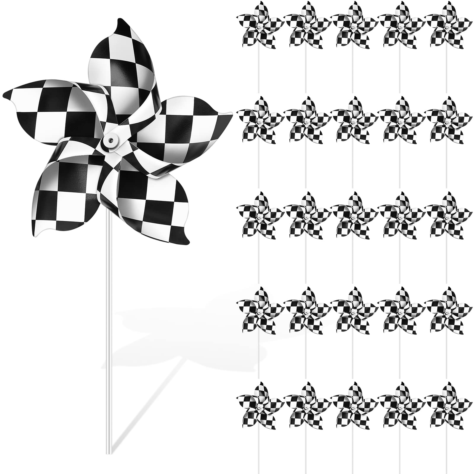 Photo 1 of Hungdao 25 Pcs Black and White Windmills Checkered Stripes Flag Themed Party Supplies Race Car Soccer Party Supplies Racing Pinwheels Windmill Wind Spinner for Yard Kids Adults Birthday Decoration