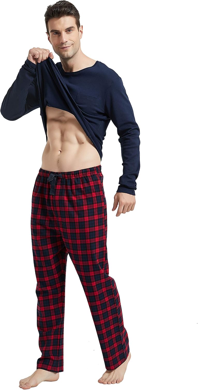 Amaxer Men's 100% Cotton Pajama Set Plaid Pants Crewneck Top Long Sleeve Pjs Soft Warm Lounge Set 2 Pcs Great Gift at  Men’s Clothing store