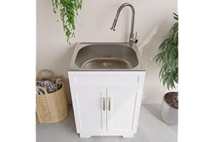 OLD CAPTAIN Laundry Sink Cabinet with Stainless Steel Sink and Pull-Down Faucet, Utility Sink for Laundry/Utility Room, 24 Inch Bathroom Kitchen and Outdoor, White