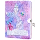 homicozy Mermaid Diary with Lock,Gift for 6 7 8 Year Old Girl,Fuzzy Seceret Journal for Kids with 160 Pages,Fluffy Notebook for Writing and Drawing,Cute Stationery Back to School Gift