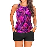 Tankini Bathing Suits with Shorts - High Neck Tankini Swimsuits Two Piece with Two Side Pockets Tummy Control Swimwear 2025