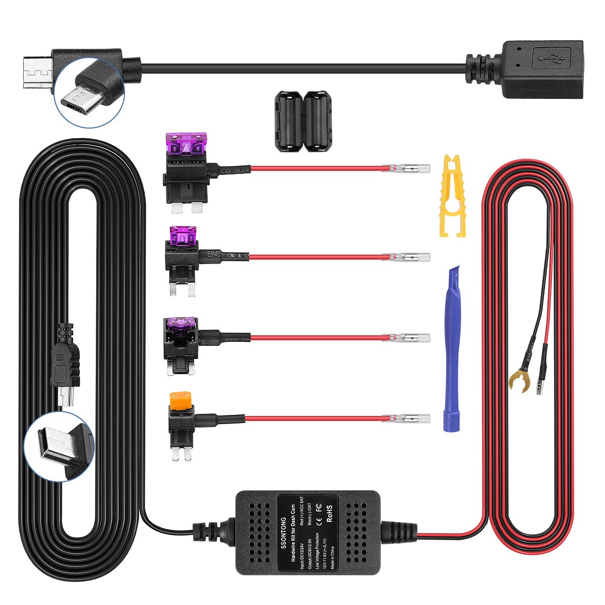 Dash Cam Hardwire Kit, Hard Wire Kit for Dash Camera with Mini/Micro Port, 13ft Car Camera Charge Power Cord Kit 12V- 24V to 5V,Power Adapter with LP/Mini/ATO/Micro2 Fuse for Dashcam GPS etc