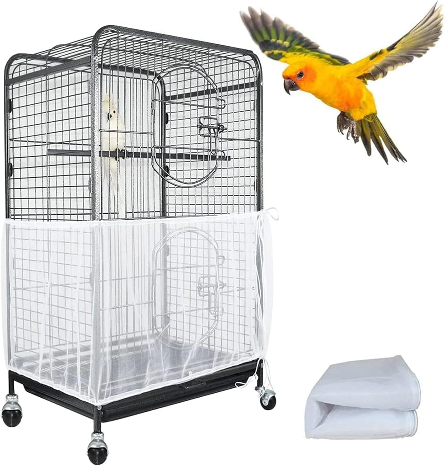 ASOCEA Bird Cage Seed Catcher Adjustable Bird Cage Cover Soft Nylon Mesh Net with Drawstring Birdcage Skirt Feather Guard for Round Square Cages (White, 118 * 15.7in/300 * 40cm)