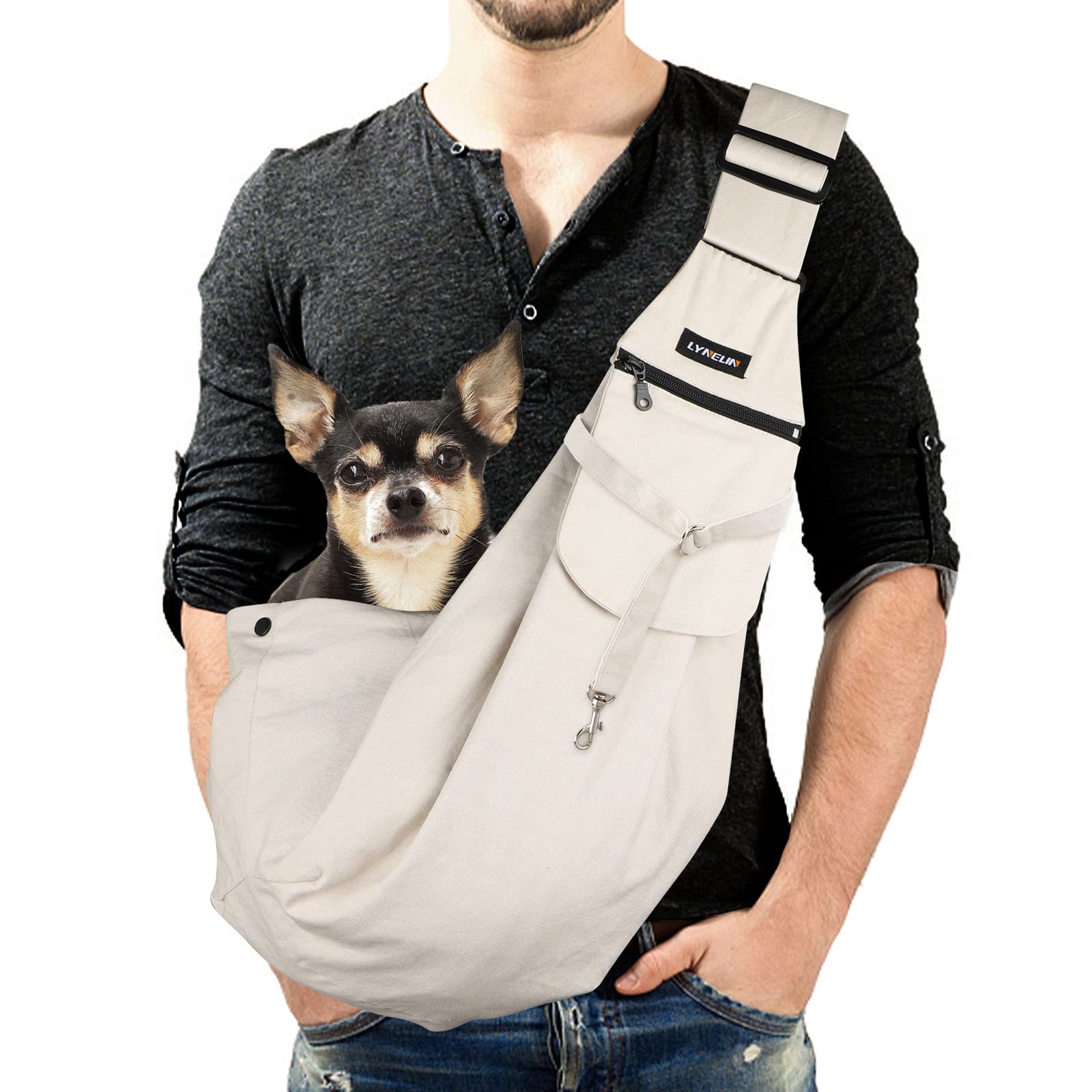 Lyneun Pet Hand-Free Sling Dog Carry Bag with Adjustable Shoulder Strap Double-sided Puppy Carrier with Front Pocket for Walking Travel Outdoor (Beige)