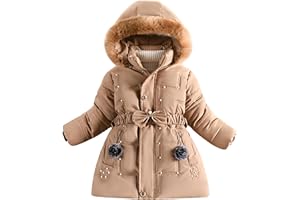 Happy Cherry Kid Girls Fleece Lining Coat with Belt Cute Pearl Dress Coat Winter Warm Fur Collar Snow Puffer Jacket 3-9Y