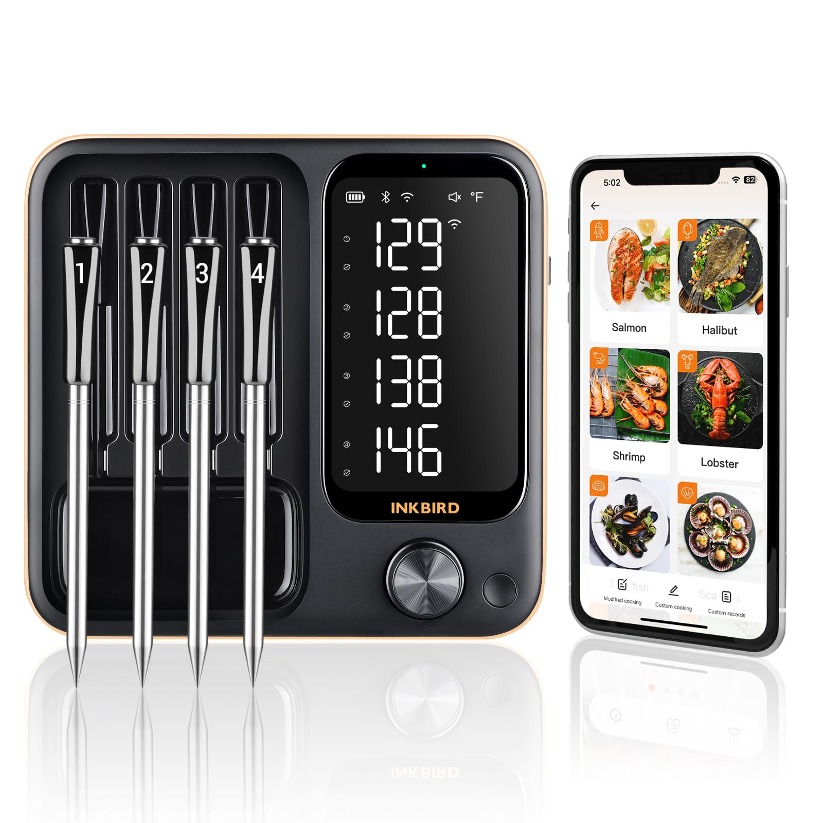 Photo 1 of 4-Probe WiFi Wireless Meat Thermometer with 360°Readable LCD Standalone Base, WiFi and Bluetooth 5.3 Unlimited Range, IPX8 Waterproof Food Kitchen Thermoemter for BBQ, Grill, Smoker, Oven, Rotisserie