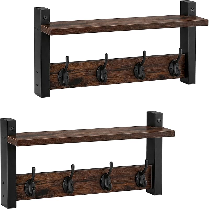 Porte-Manteaux Mural Lot de 2, 4 Crochets Doubles, Marron
