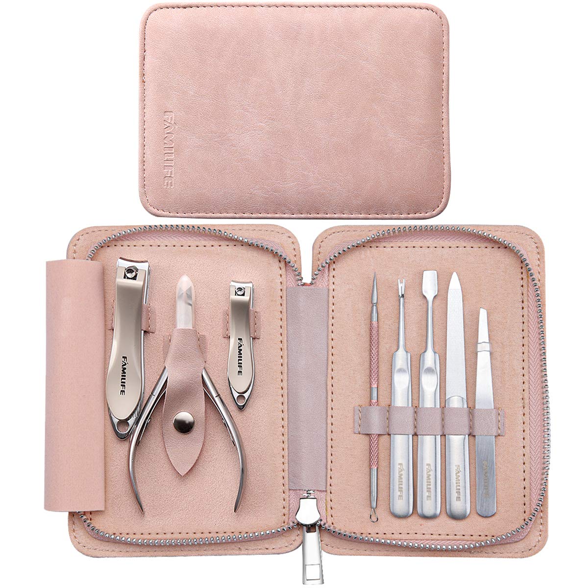 FAMILIFE Manicure Set, 8 in 1 Professional L13 Manicure Kit Nail Clipper Set Stainless Steel Pedicure Tools Kit Portable Grooming Kit with Pink Leather Travel Case for Women Girl : Beauty