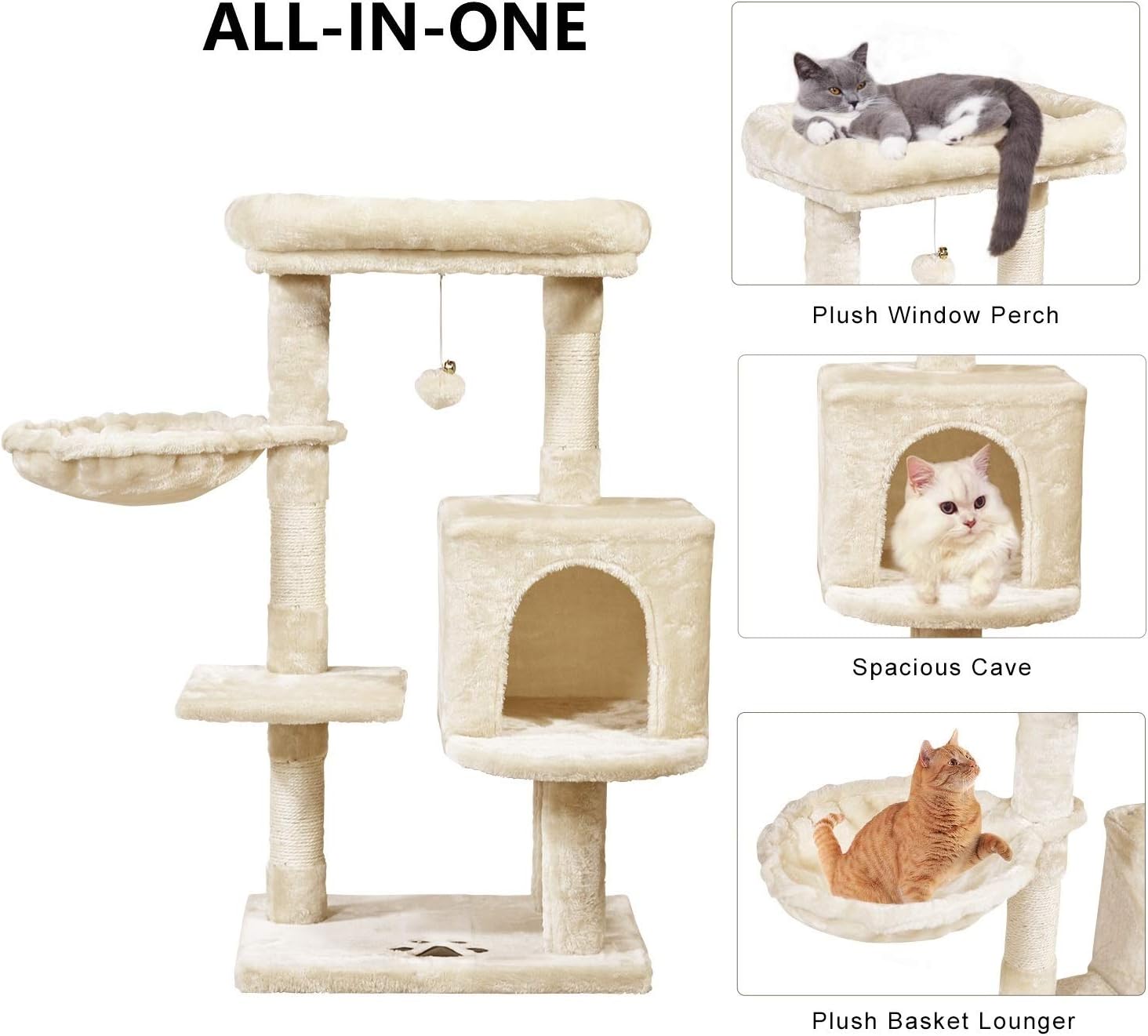 MQ Multi-Level Cat Tree Condo, Activity Center Cat Tower Furniture 36'' with Sisal-Covered Scratching Posts, Padded Plush Perch, Spacious Cat Cave & Basket for Small Kittens Adult Cats (Beige) : Pet Supplies