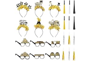 YQUQWN 24PCS New Years Eve Party Supplies 2026 Happy New Year Headband Tiara Fringed Noise Makers New Year Glasses 2026 Trumpet for 2026 Happy New Years Party Favors