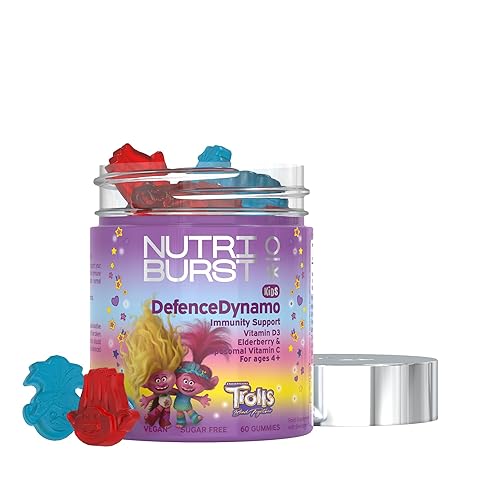 Nutriburst Trolls Kids DefenceDynamo - Immune Support & Energy - Vitamin D3 (25µg), Vitamin C (90mg) + Black Elderberry Extract (50mg) - Vegan + Chewable + Sugar Free - Blueberry Flavour - 60 Gummies