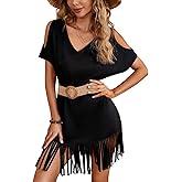 Verdusa Women's Cold Shoulder V Neck Fringe Hem Straight Dress Without Belt