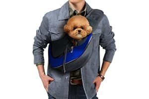 PUCEWMY Pet Sling Carrier, Up to 5 lbs, Dog Papoose with Zipper Touch Pocket, Hand Free Breathable Mesh Puppy Carrier, Crossbody Satchel Dog Purse for Outdoor Travel, M, Blue