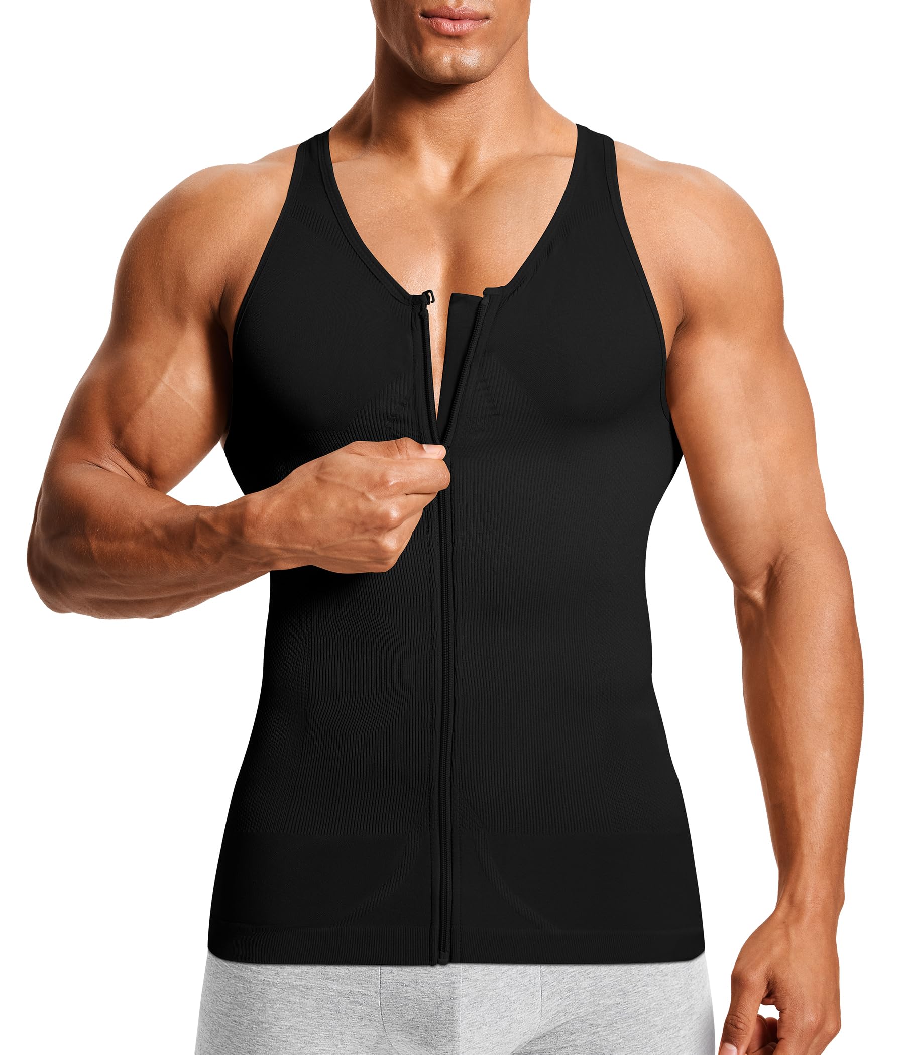 Photo 1 of (BAGGED) (USED/FAIR) MOLUTAN Compression Shirt Mens Shapewear Tank Top Undershirt Slimming Body Shaper Tummy Control Vest Gynecomastia with Zipper Black