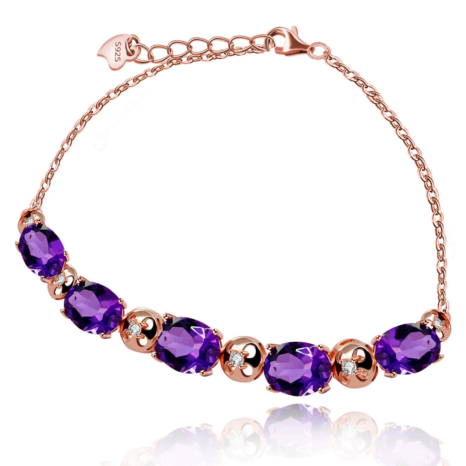 Uloveido 8 * 10CM Natural Oval Amethyst Link Bracelet,S925 Sterling Silver,Rose Gold Plated,Purple Crystal February Birthstone Jewellery, (Amethyst)