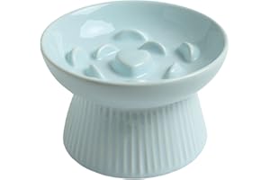 LE SERVETA Ceramic Slow Feeder Cat Bowl, Raised Puzzle Feeder, Anti Vomiting Cat Slow Feeder, Elevated Food Bowl, Whisker Friendly Cat Bowl (Blue)