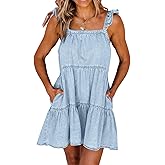 Newffr Womens Summer Denim Dress Jean Babydoll Dresses with Pockets | Square Neck, Ruffle Trim, Sleeveless, Flowy, Back Tie,Back Hollow Cutout,Backless,A-Line,Swing,Daily,Casual