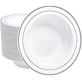 Pryntono 100 PCS Plastic Bowls with Silver Rim, 12oz Premium Heavy Duty Soup Bowls, Dessert and Salad Bowls for Party, Wedding and Holiday