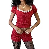 Women 2 Piece Ruffle Pajama Set Cap Sleeve Sweetheart Neck Crop Top and Shorts Polka Dot Ruched Loungewear