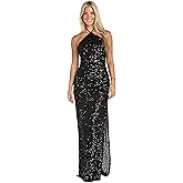 MORGAN AND CO. Women's Sequin Embellished High Neck Maxi Gown - Open Tie-Back Evening Dress W/Side Slit -Cocktail Attire