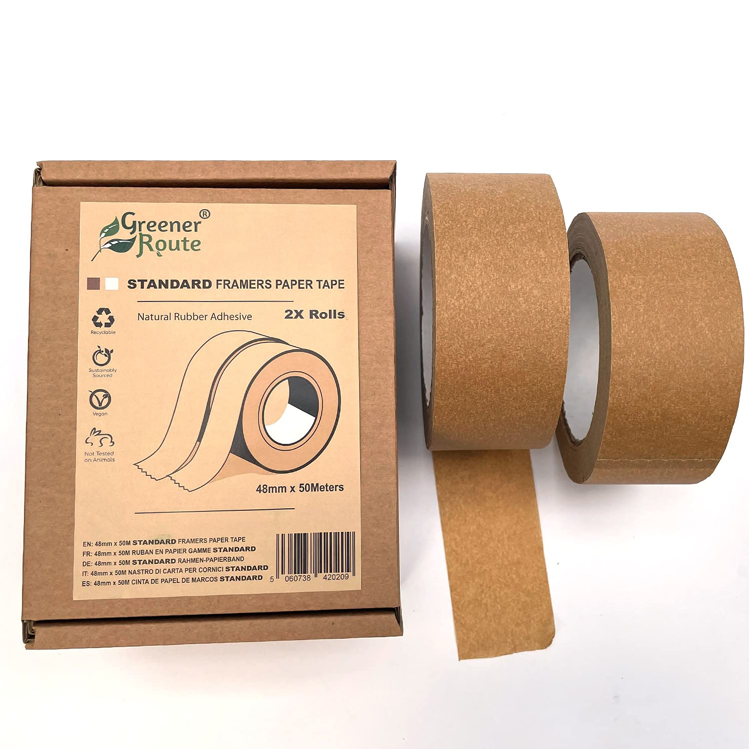Greener Route 2X 48mm Standard Framer's Paper Tape Recyclable | Natural Rubber Self-Adhesive Saturated Paper Tape | 50 Meter Roll - Vegan - Sustainably Sourced (2)
