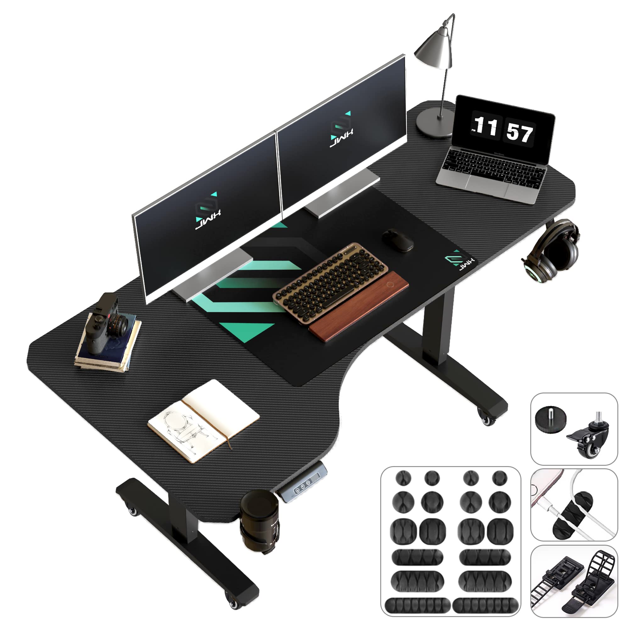 Photo 1 of JWX L Shaped Electric Standing Desk, 63 Inches Stand Up Corner Desk, Home Office Sit Stand Desk with Carbon Firben Top, Black Frame & Caster Wheels Set…