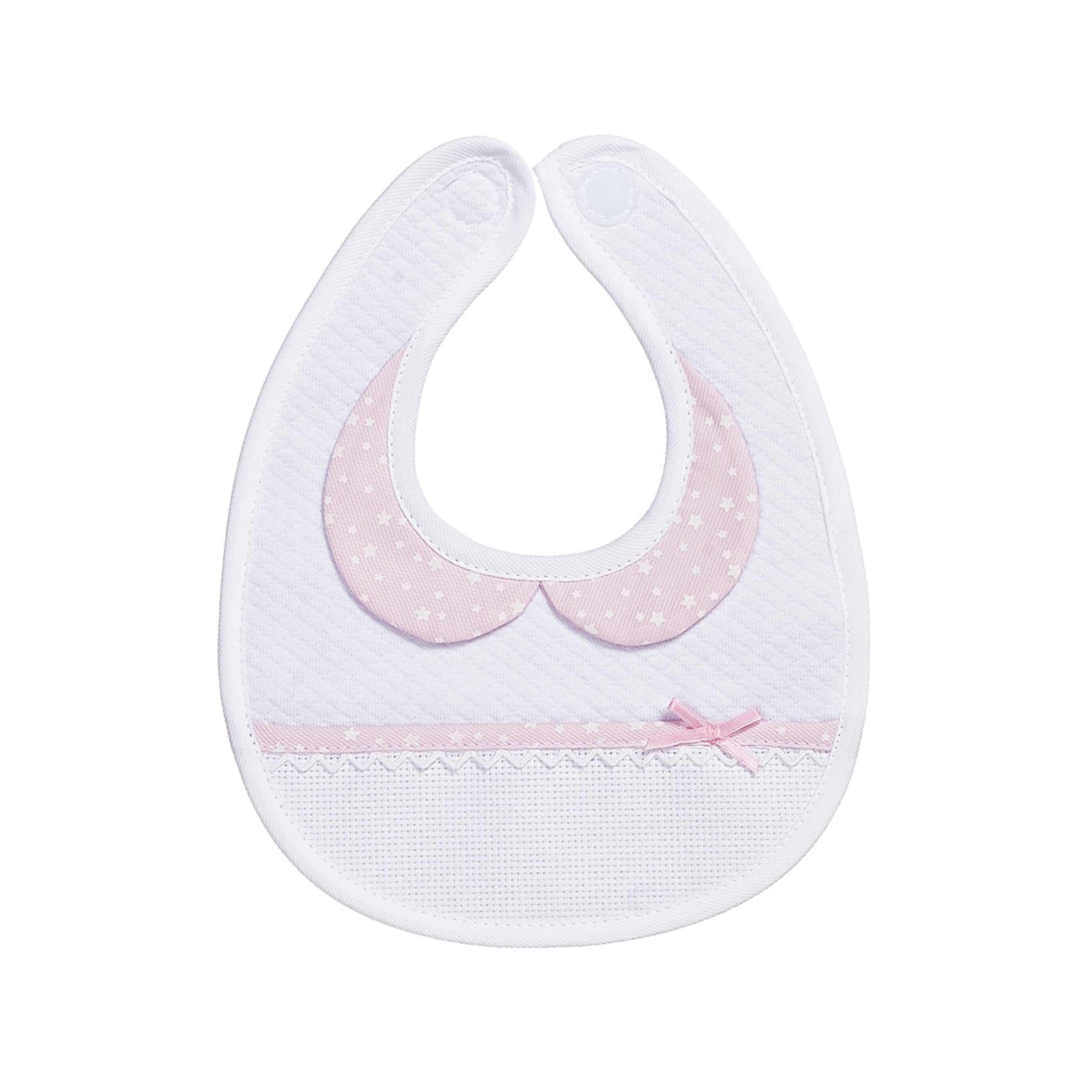 AGOFIL FILET - Baby Bib in Soft White Fabric and Pink Collar, Aida Pocket to Embroider, Protects Baby Clothes Against Feeding, Spitting Up and Salivation, 100% Made in Italy, White and Pink Colour