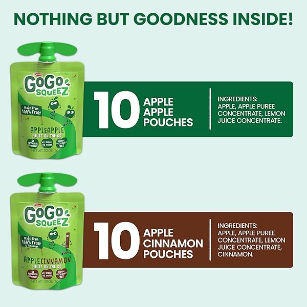 GOGO SQUEEZ APPLESAUCE AND FRUIT PUREE VARIETY PACK, APPLE & CINNAMON, 3.2 OZ (PACK OF 20), UNSWEETENED FRUIT SNACKS FOR KIDS, GLUTEN FREE, NUT FREE AND DAIRY FREE, BPA FREE POUCHES