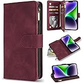ZZXX for iPhone 14 Plus Case Wallet with [RFID Blocking] Card Slot Premium PU Leather Zipper Flip Folio with Wrist Strap Kickstand Protective Cover for iPhone 14 Plus Wallet Case(Wine Red-6.7 inch)