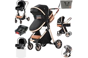 MAGIC ZC 3 in 1 Baby Stroller Travel System, Reversible Newborn Foldable Pram, Infant High Landscape Pushchair, Portable Standard Stroller, Reclining Buggy, Baby Carriage (UDV9-BLACKGOLD with Base)