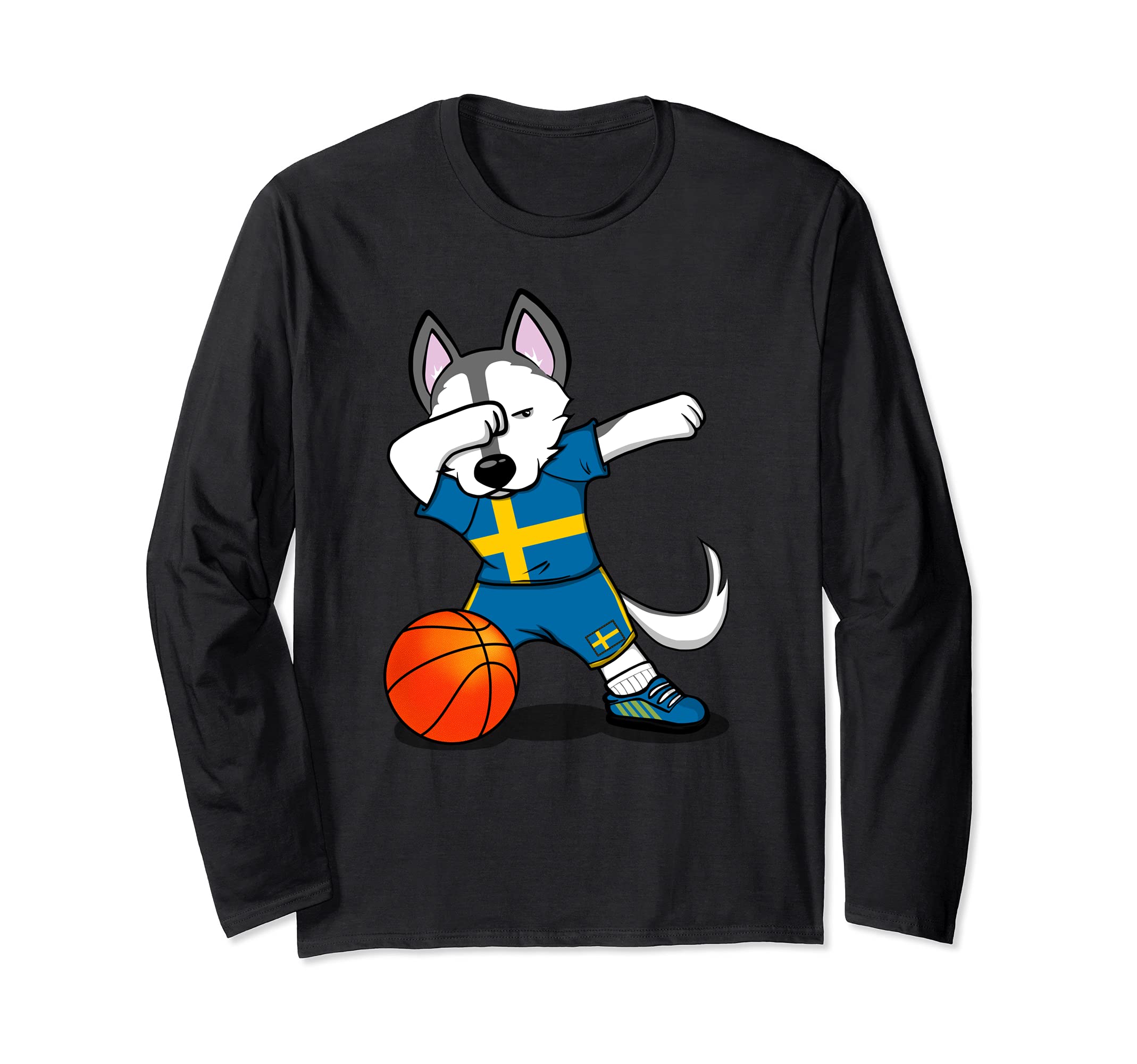 Dabbing Husky Dog Sweden Basketball Fans Jersey Swedish Flag Long Sleeve T-Shirt