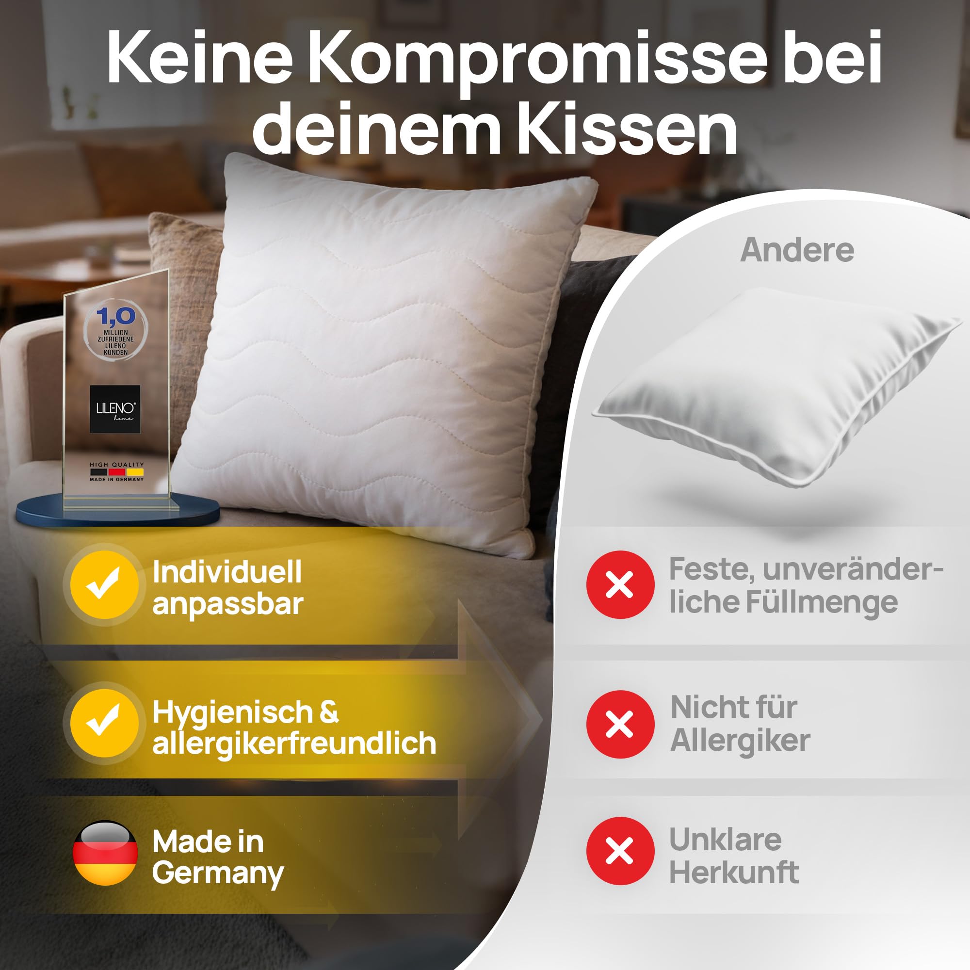 LILENO HOME Kissen 60x60 (2er Set) – 95 °C waschbar, Oeko-Tex & Made in DE – Allergiker Kopfkissen 60x60 anpassbar für himmlischen Schlaf – Haut schmeichelndes & geruchsfreies Pillow 6